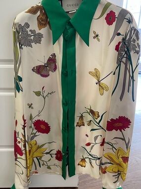 Gucci Cream Silk Floral & Insect Print Blouse with Green Trim